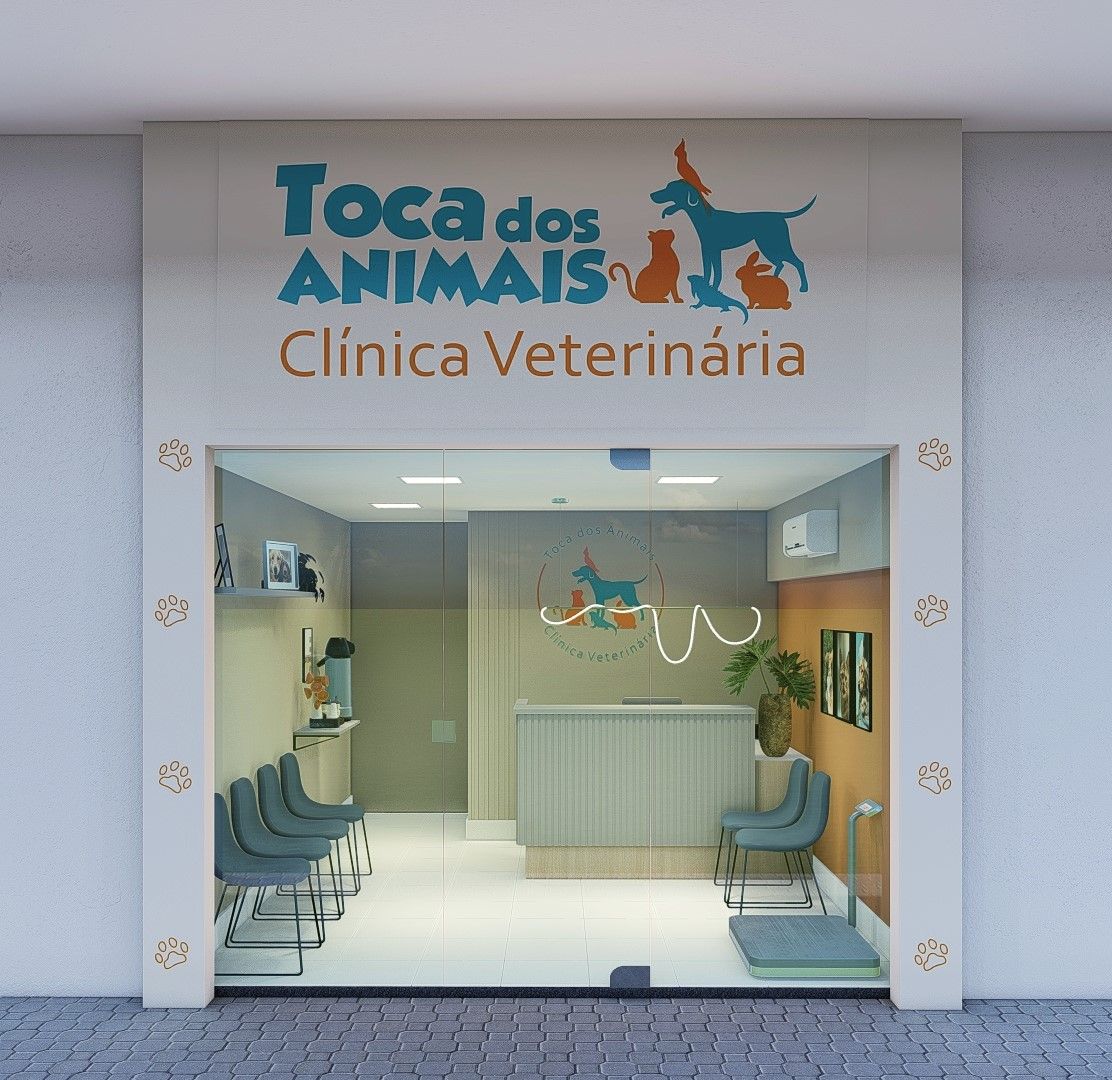 Imagem 3D da fachada de vidro da clínica veterinária com recepção azul