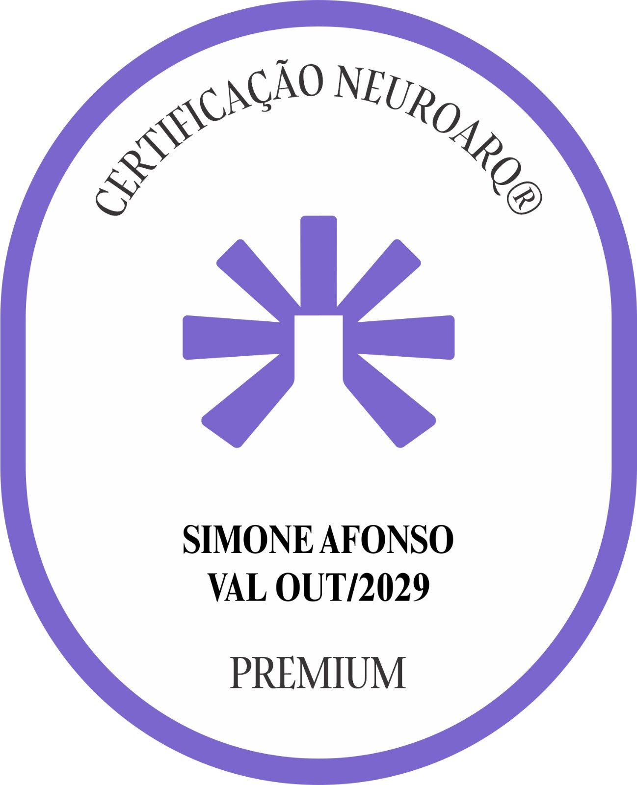 Selo de certificação e validação profissional NEUROARQ de Simone Afonso, categoria Premium, válido até outubro de 2029