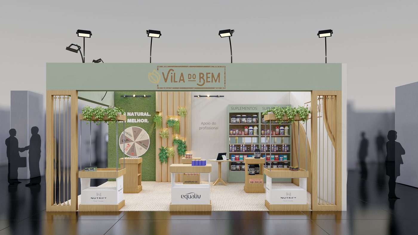 Imagem 3D de stand de feira com estrutura de madeira, plantas penduradas, gôndolas e logo da Vila do Bem